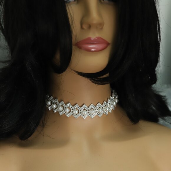 Sparkly Fancy White Stone & Pearl Choker Necklace Adjustable White Rhinestone Ch - Picture 6 of 11